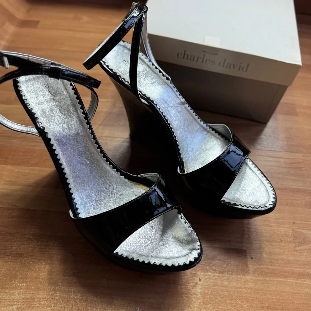 Charles David truce black patent wedge open toe shoes ankle strap size 9 - Picture 2 of 12